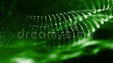 三维绿色背景与奇妙的发光粒子。 循环三维动画具有景深，光效.. 现代
